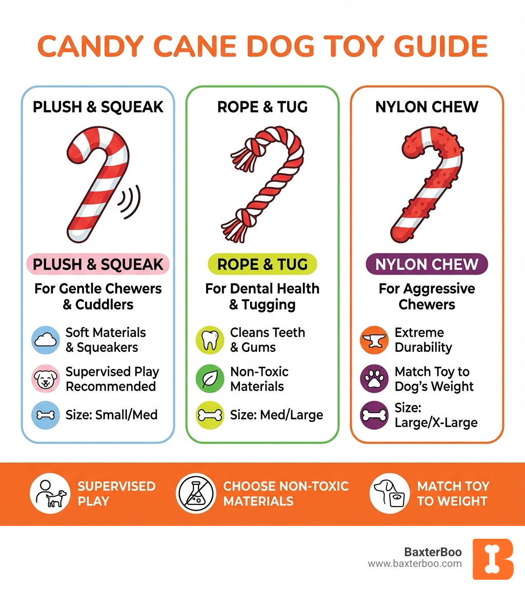 Infographic showing the three types of candy cane dog toys (plush with squeakers for gentle chewers, rope toys for dental health and tugging, and nylon chews for aggressive chewers) with size recommendations and key safety features including supervised play, choosing non-toxic materials, and matching toy to dog's weight - Candy cane dog toy infographic Infographic showing the three types of candy cane dog toys (plush with squeakers for gentle chewers, rope toys for dental health and tugging, and nylon chews for aggressive chewers) with size recommendations and key safety features including supervised play, choosing non-toxic materials, and matching toy to dog's weight - Candy cane dog toy infographic