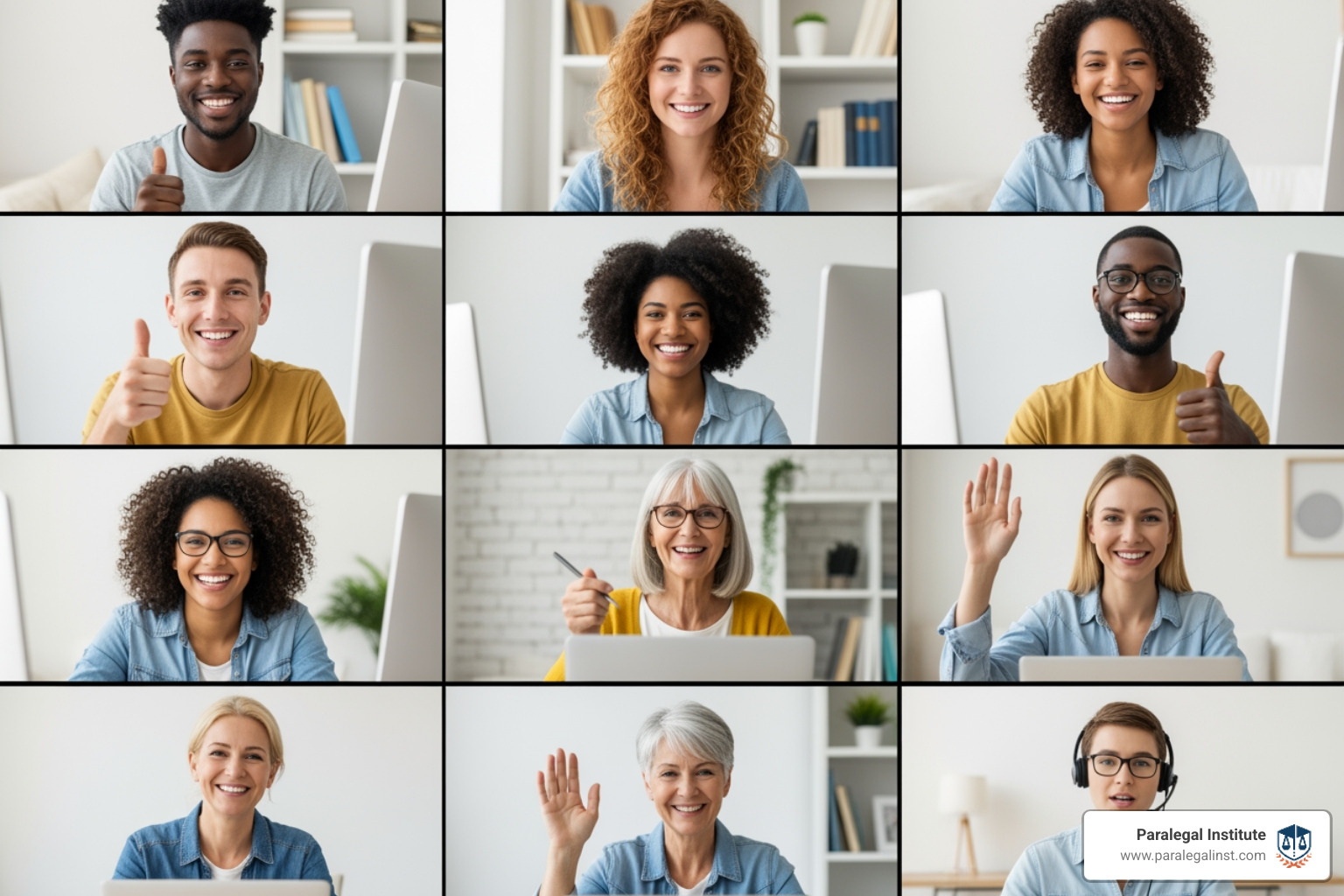 diverse group of students interacting during a live online class session - certified paralegal online