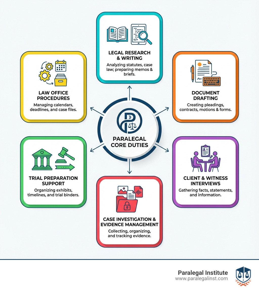 infographic showing paralegal core duties including legal research and writing, document drafting for pleadings and contracts, client and witness interviews, case investigation and evidence management, trial preparation support, and law office procedures - certified paralegal online infographic 