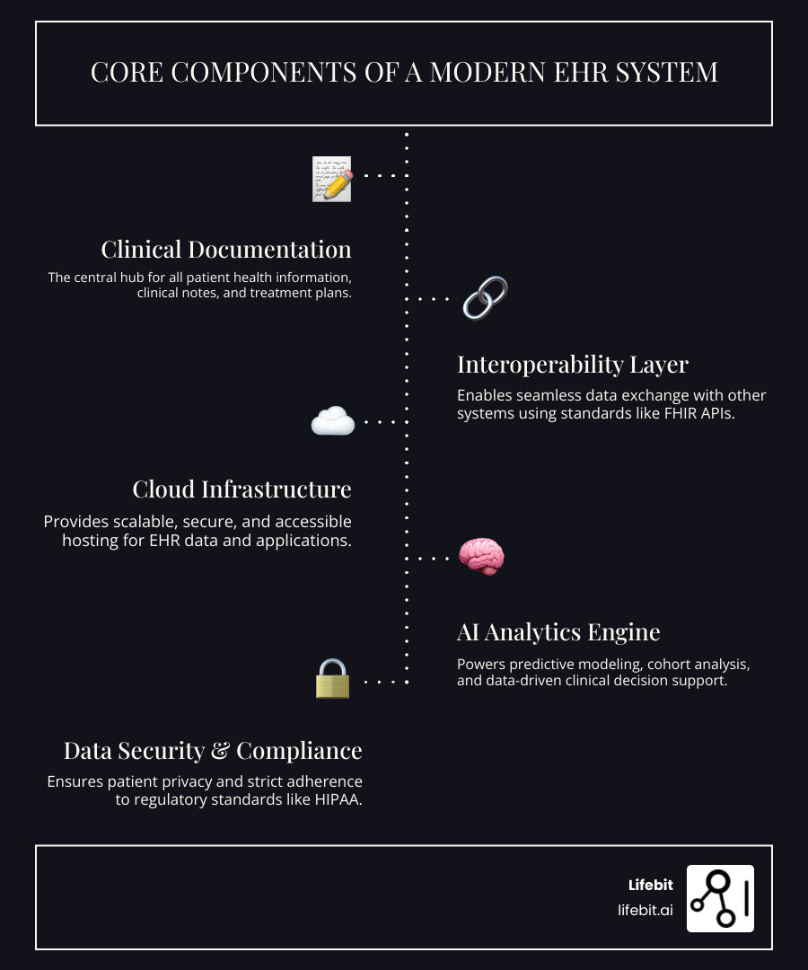 Infographic showing the core components of a modern EHR system: Clinical Documentation at the center, connected to Patient Portal, Revenue Cycle Management, Regulatory Reporting, Interoperability Layer with FHIR APIs, Cloud Infrastructure, AI Analytics Engine, and Data Security & Compliance modules - meditech infographic infographic-line-5-steps-dark