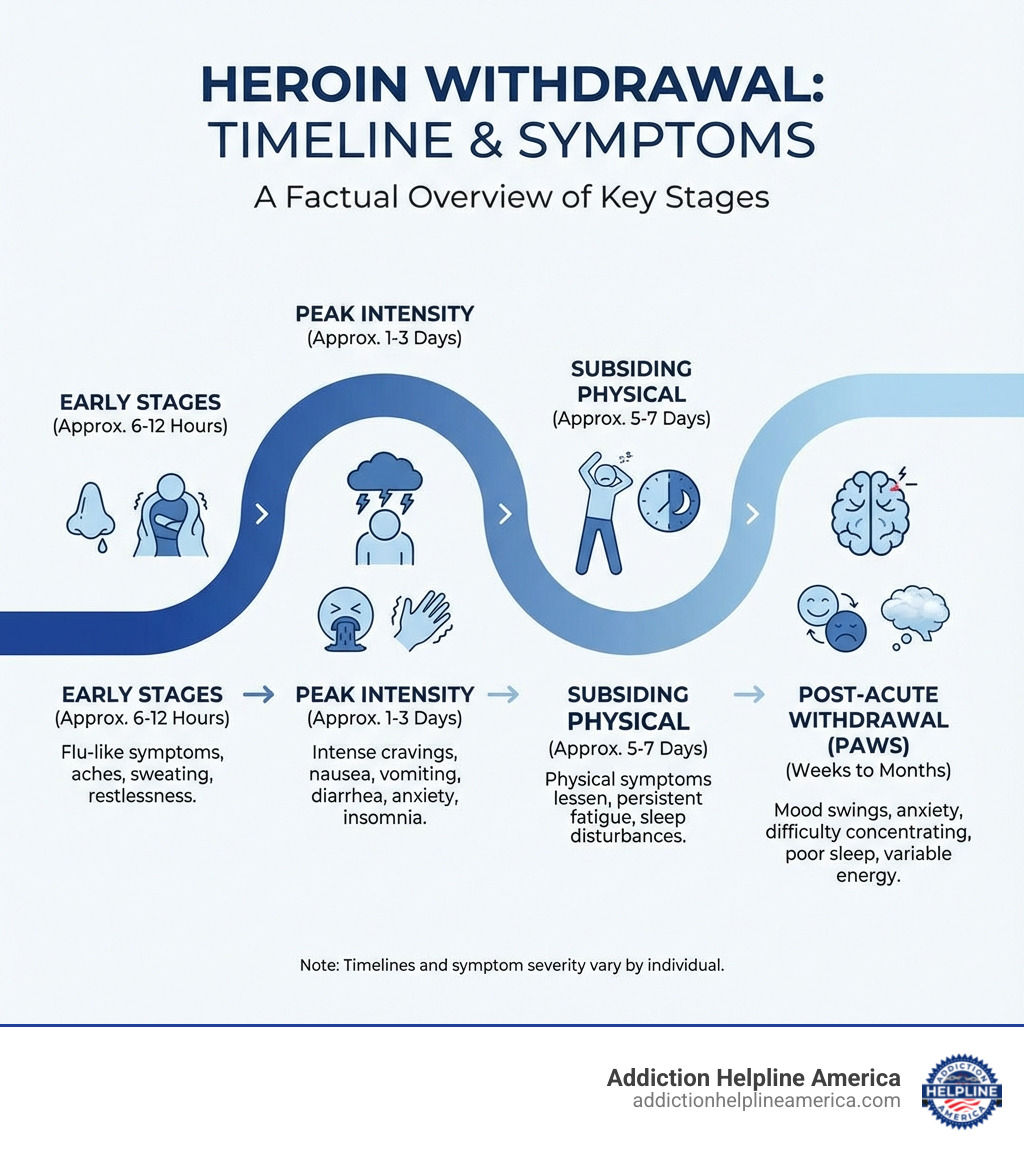 infographic explaining the key stages and timeline of heroin withdrawal from early symptoms to PAWS - heroin withdrawal symptoms infographic infographic-line-5-steps-colors