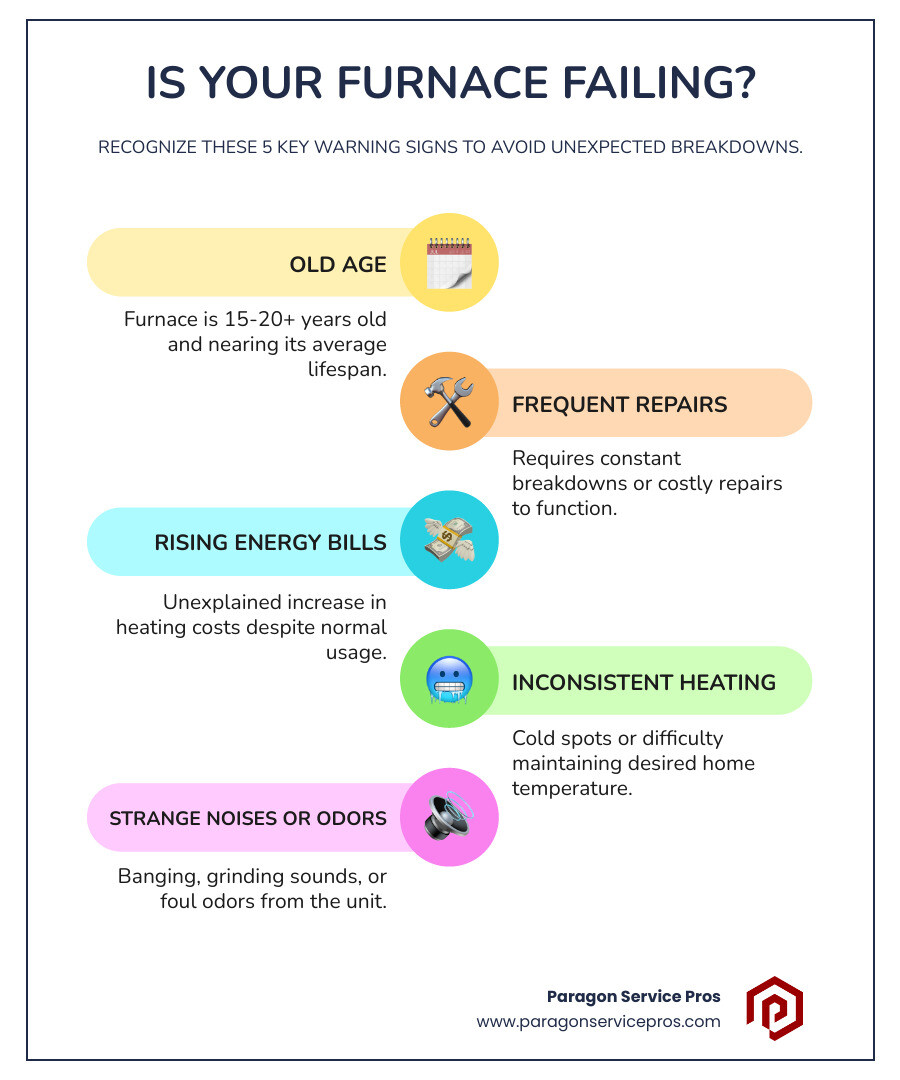 Infographic showing five key warning signs that indicate your furnace needs replacement: age over 15-20 years, frequent breakdowns requiring costly repairs, rising energy bills despite normal usage, inconsistent heating with cold spots throughout the home, and unusual noises like banging or grinding sounds - best furnace replacement in queen creek, az infographic infographic-line-5-steps-colors