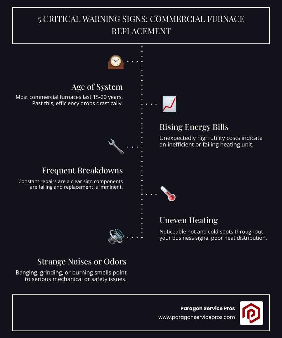 Infographic showing 5 critical warning signs that your commercial furnace needs replacement: System age exceeding 15-20 years with timeline graphic, rising utility bills shown with upward trend arrow and dollar signs, frequent repair calls illustrated with wrench icons and calendar marks, uneven temperature zones depicted with hot and cold area indicators across a building floor plan, and unusual sounds or odors represented with alert symbols and sound wave graphics - commercial furnace replacement in queen creek, az infographic infographic-line-5-steps-dark Infographic showing 5 critical warning signs that your commercial furnace needs replacement: System age exceeding 15-20 years with timeline graphic, rising utility bills shown with upward trend arrow and dollar signs, frequent repair calls illustrated with wrench icons and calendar marks, uneven temperature zones depicted with hot and cold area indicators across a building floor plan, and unusual sounds or odors represented with alert symbols and sound wave graphics - commercial furnace replacement in queen creek, az infographic infographic-line-5-steps-dark