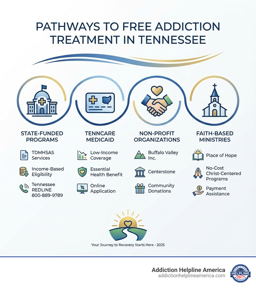Infographic showing pathways to free addiction treatment in Tennessee: State-Funded Programs (TDMHSAS services, income-based eligibility), TennCare Medicaid (low-income coverage, essential health benefit, online application), Non-Profit Organizations (Buffalo Valley Inc., Centerstone, community donations), and Faith-Based Ministries (Place of Hope, no-cost Christ-centered programs, payment assistance) - free rehabs in tennessee infographic Infographic showing pathways to free addiction treatment in Tennessee: State-Funded Programs (TDMHSAS services, income-based eligibility), TennCare Medicaid (low-income coverage, essential health benefit, online application), Non-Profit Organizations (Buffalo Valley Inc., Centerstone, community donations), and Faith-Based Ministries (Place of Hope, no-cost Christ-centered programs, payment assistance) - free rehabs in tennessee infographic
