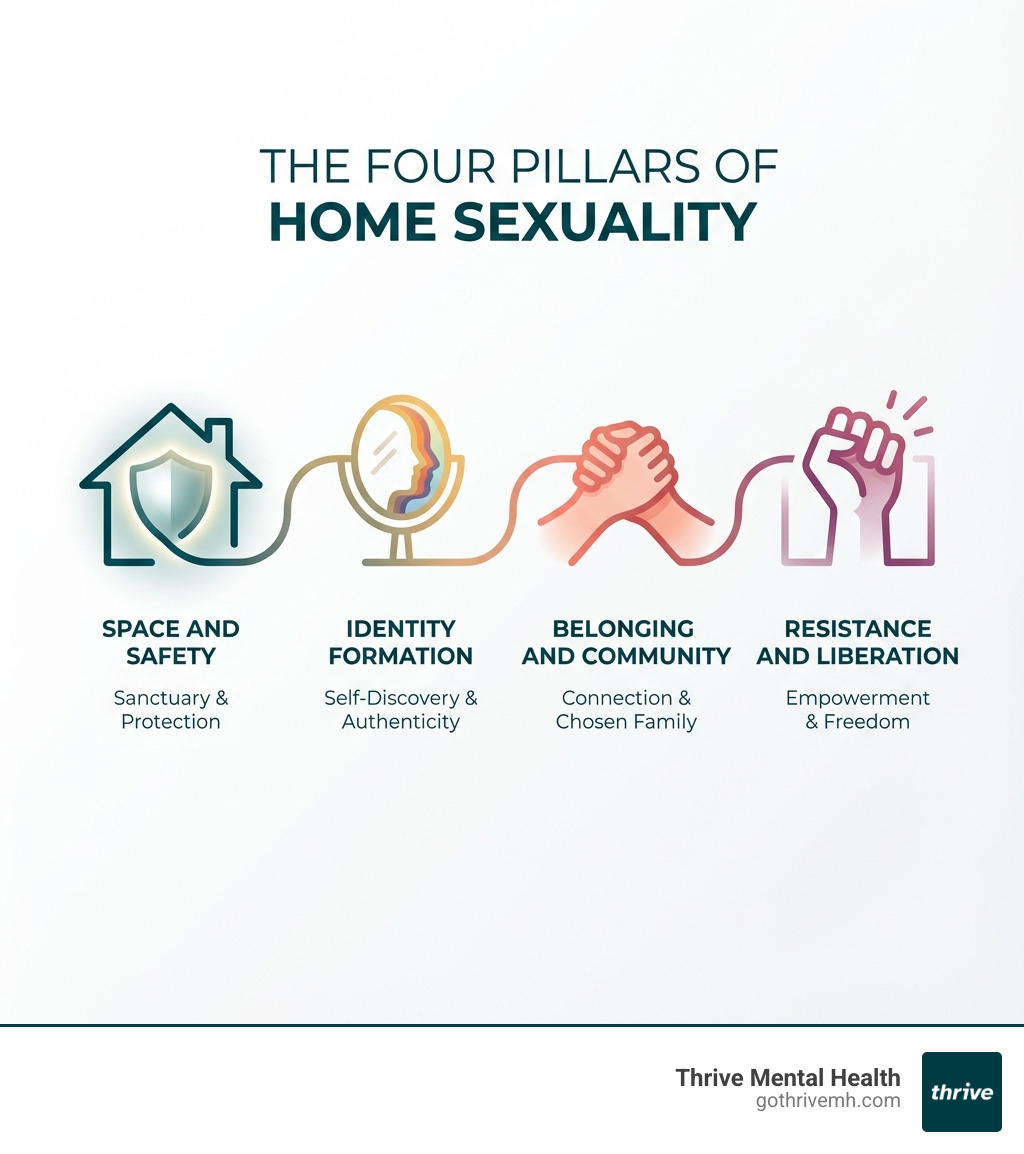 infographic showing four pillars: a house icon labeled Space and Safety, a mirror icon labeled Identity Formation, connected hands labeled Belonging and Community, and a raised fist labeled Resistance and Liberation - home sexuality infographic infographic showing four pillars: a house icon labeled Space and Safety, a mirror icon labeled Identity Formation, connected hands labeled Belonging and Community, and a raised fist labeled Resistance and Liberation - home sexuality infographic