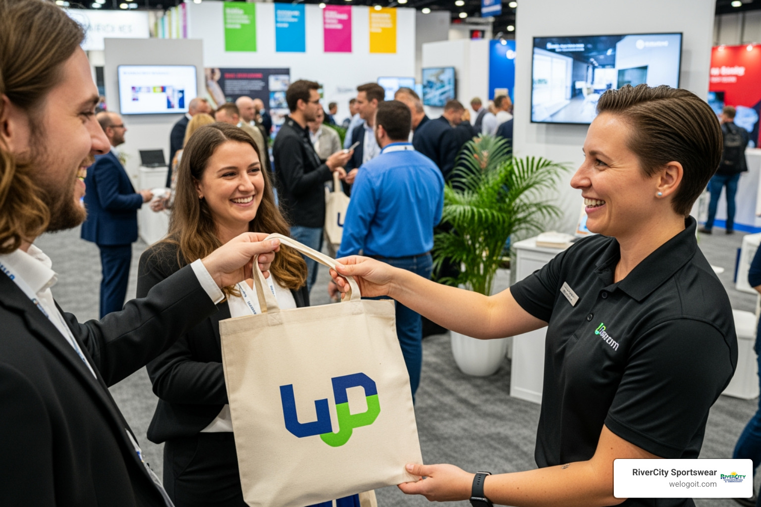 a person at a trade show happily receiving a branded tote bag - cheap promo gifts