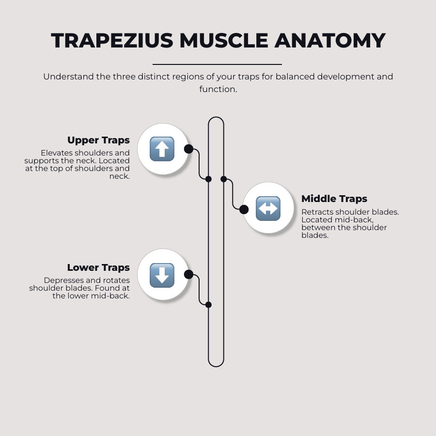 infographic showing the anatomy and location of the upper trapezius (elevates shoulders, located at top of shoulders and neck), middle trapezius (retracts shoulder blades, located mid-back between shoulder blades), and lower trapezius (depresses and rotates shoulder blades, located at lower mid-back) - working out the traps infographic infographic-line-3-steps-elegant_beige infographic showing the anatomy and location of the upper trapezius (elevates shoulders, located at top of shoulders and neck), middle trapezius (retracts shoulder blades, located mid-back between shoulder blades), and lower trapezius (depresses and rotates shoulder blades, located at lower mid-back) - working out the traps infographic infographic-line-3-steps-elegant_beige