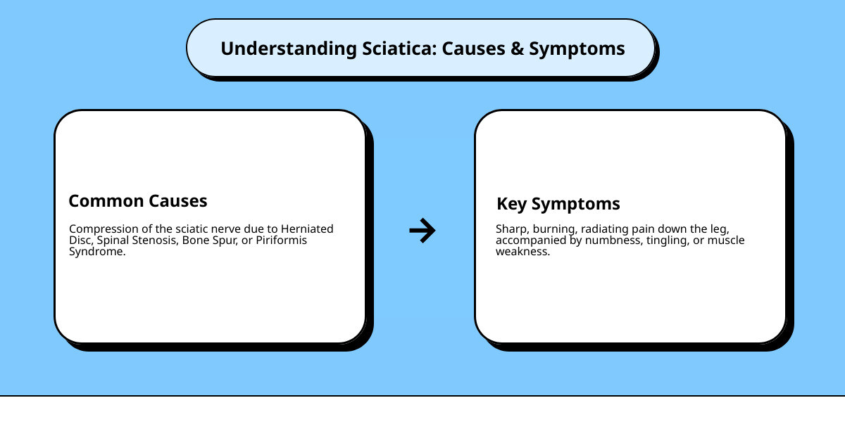 Infographic showing the sciatic nerve pathway from lower spine through buttocks and down the leg, with common symptoms listed including sharp pain, numbness, tingling, and muscle weakness, plus primary causes such as herniated disc, spinal stenosis, and piriformis syndrome - pain relief sciatica infographic cause_effect_text