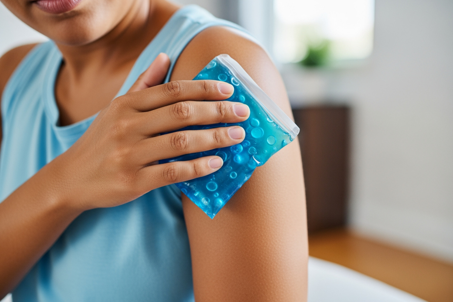 person applying an ice pack to their shoulder - trapezius strain treatment person applying an ice pack to their shoulder - trapezius strain treatment
