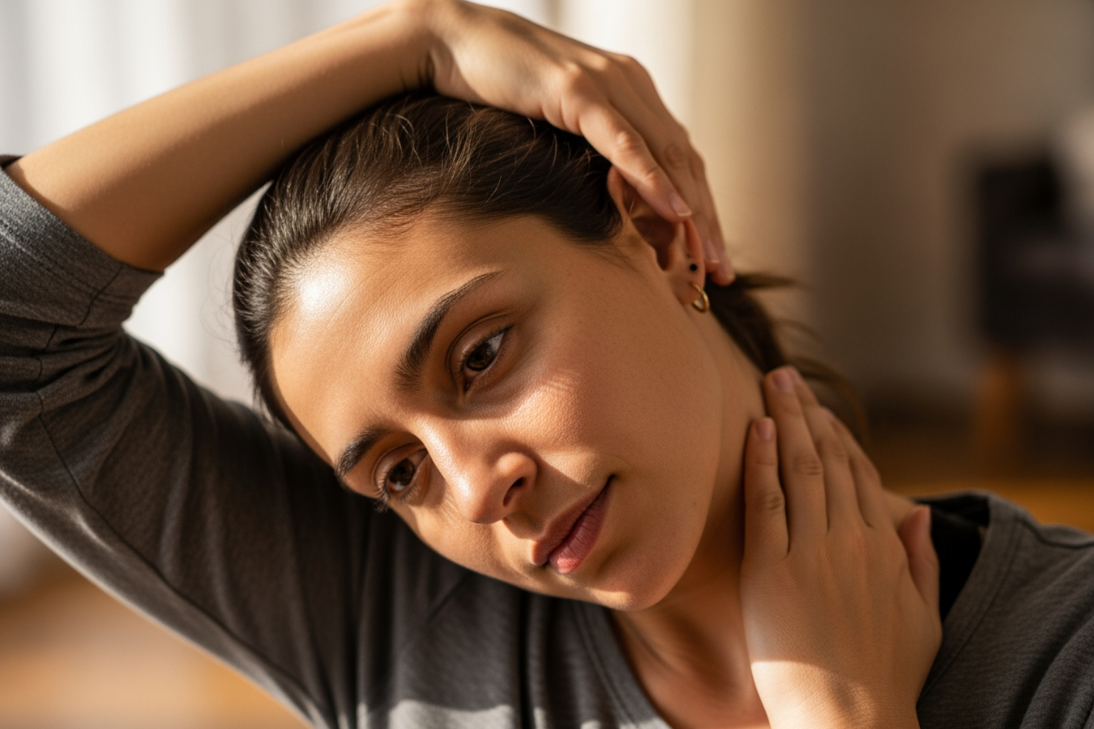 person performing a gentle neck stretch - trapezius strain treatment person performing a gentle neck stretch - trapezius strain treatment
