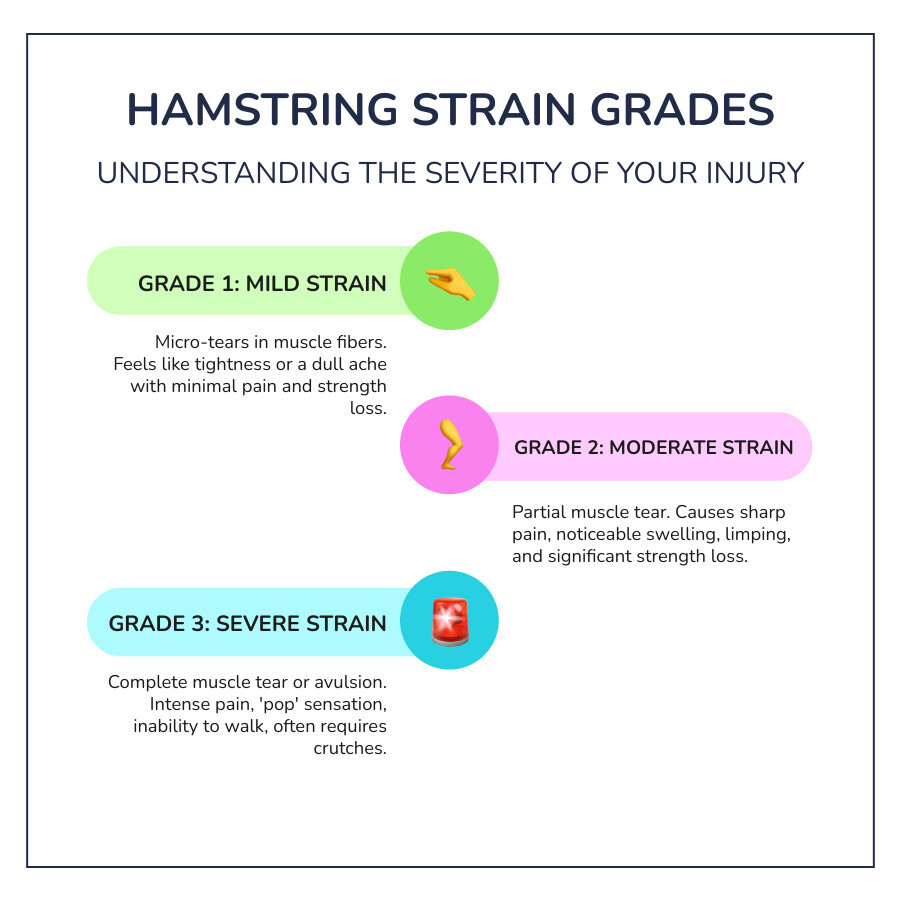 Infographic showing the three grades of hamstring strains: Grade 1 with mild muscle fiber tears and minimal pain, Grade 2 with partial muscle tear and moderate pain with limping, and Grade 3 with complete muscle tear and severe pain with inability to walk - hamstring pull symptoms infographic infographic-line-3-steps-colors