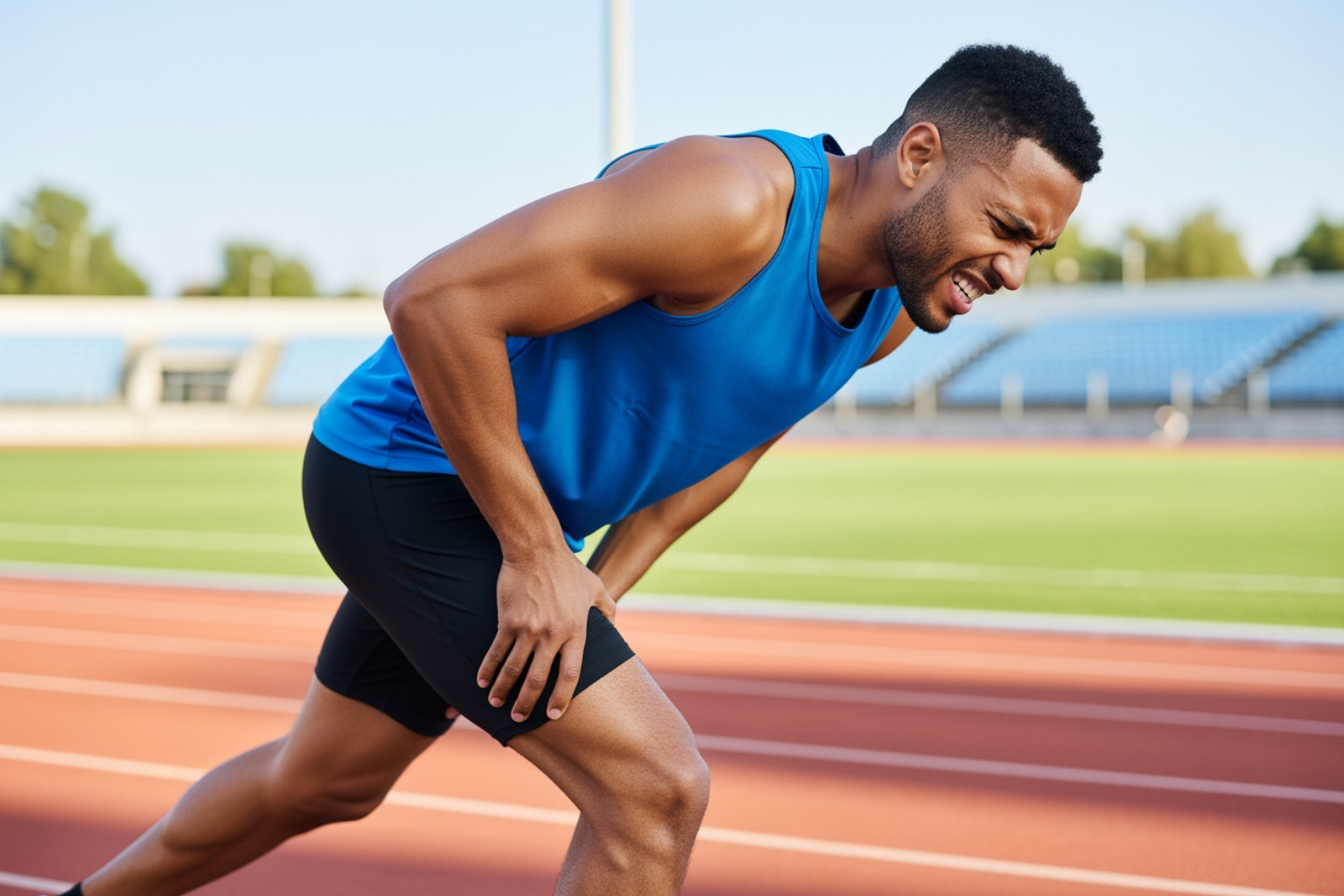 athlete clutching back of thigh - hamstring pull symptoms