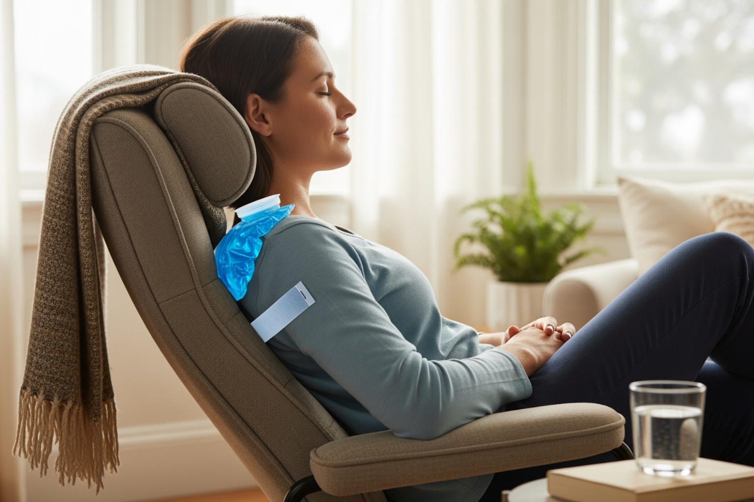 person relaxing in supportive chair with ice pack - twisted muscle in upper back