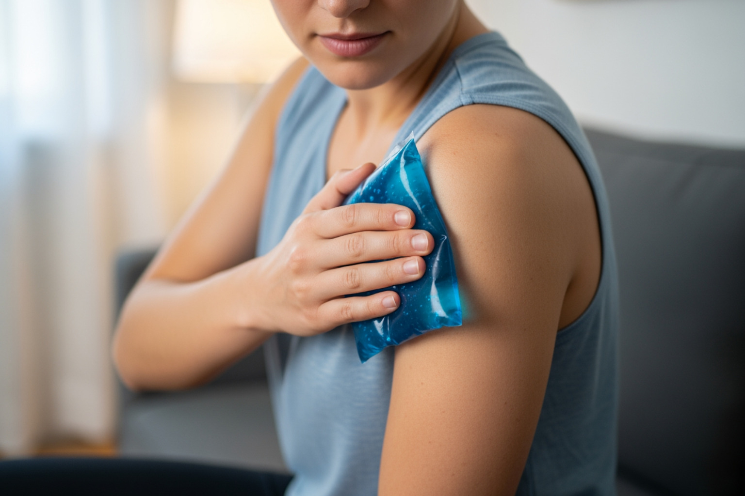 cold pack being applied to shoulder blade area - twisted muscle in upper back