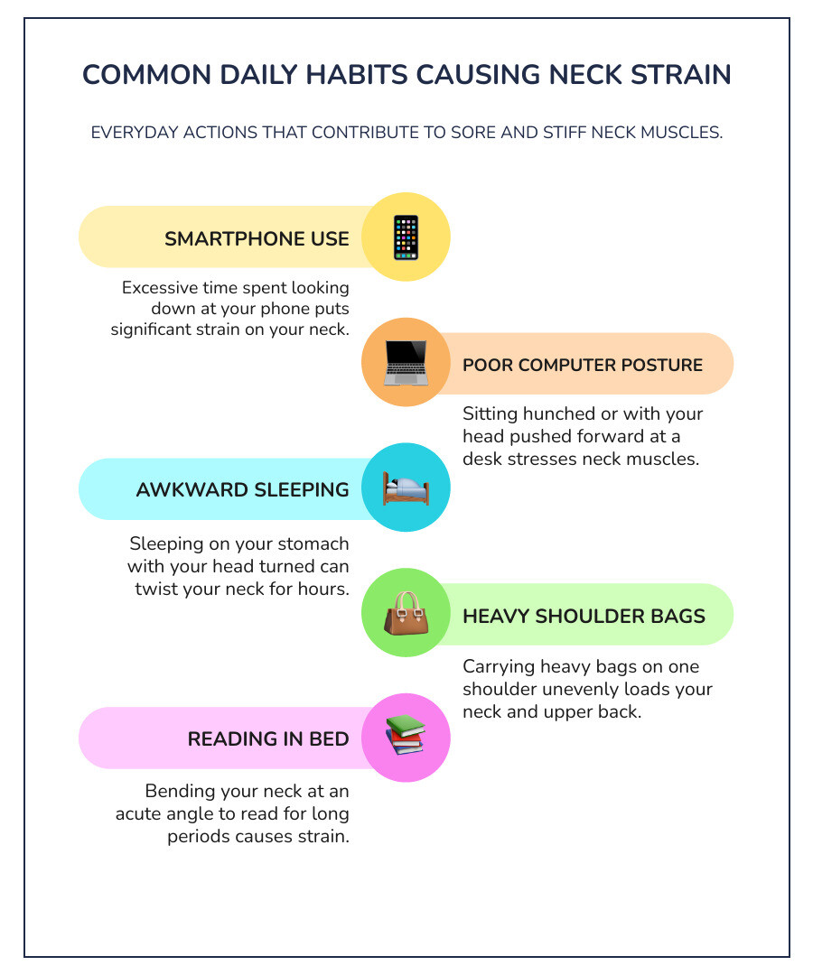 infographic showing common daily habits that cause neck strain: looking down at phone with forward head posture, hunching over computer for hours, sleeping on stomach with head turned, carrying heavy shoulder bags, and reading in bed with neck bent - sore neck muscles infographic infographic-line-5-steps-colors