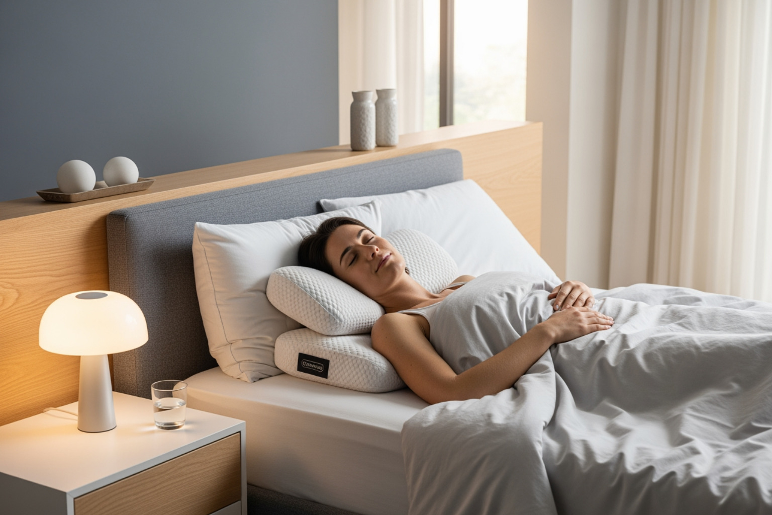 person sleeping in correct posture with a supportive pillow - neck pain relief