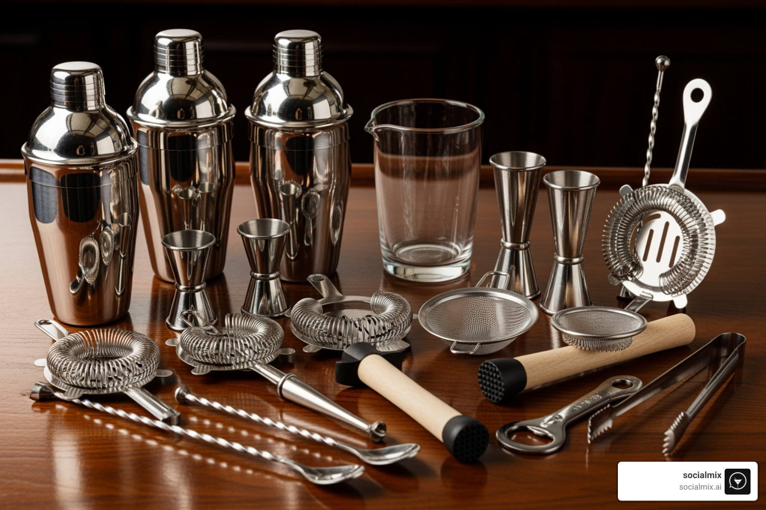 complete bartender tool set laid out on a bar top - home bar gifts