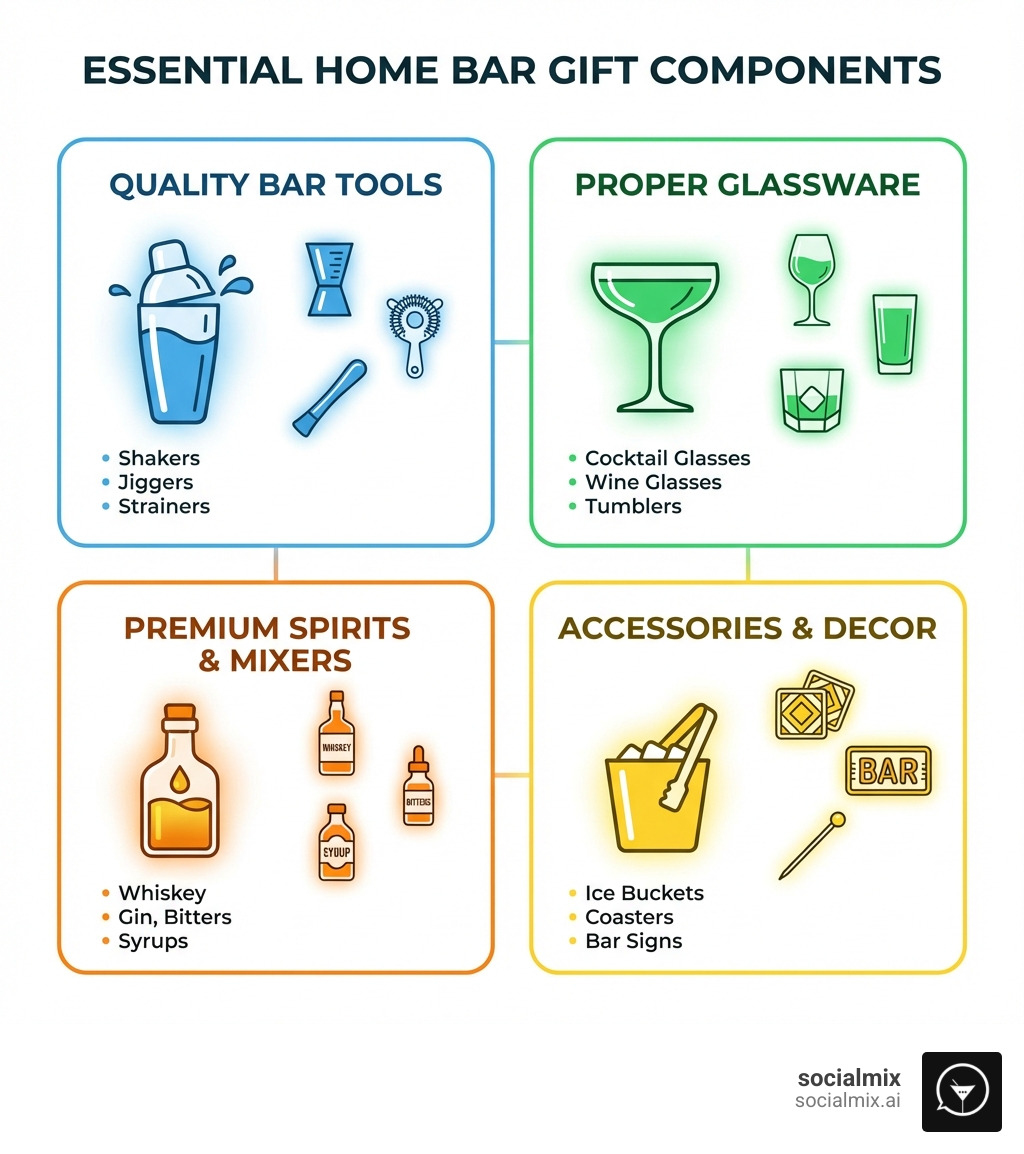 Infographic showing the four essential components of home bar gifts: Quality Bar Tools (shakers, jiggers, strainers), Proper Glassware (cocktail glasses, wine glasses, tumblers), Premium Spirits & Mixers (whiskey, gin, bitters, syrups), and Accessories & Decor (ice buckets, coasters, bar signs) - home bar gifts infographic 
