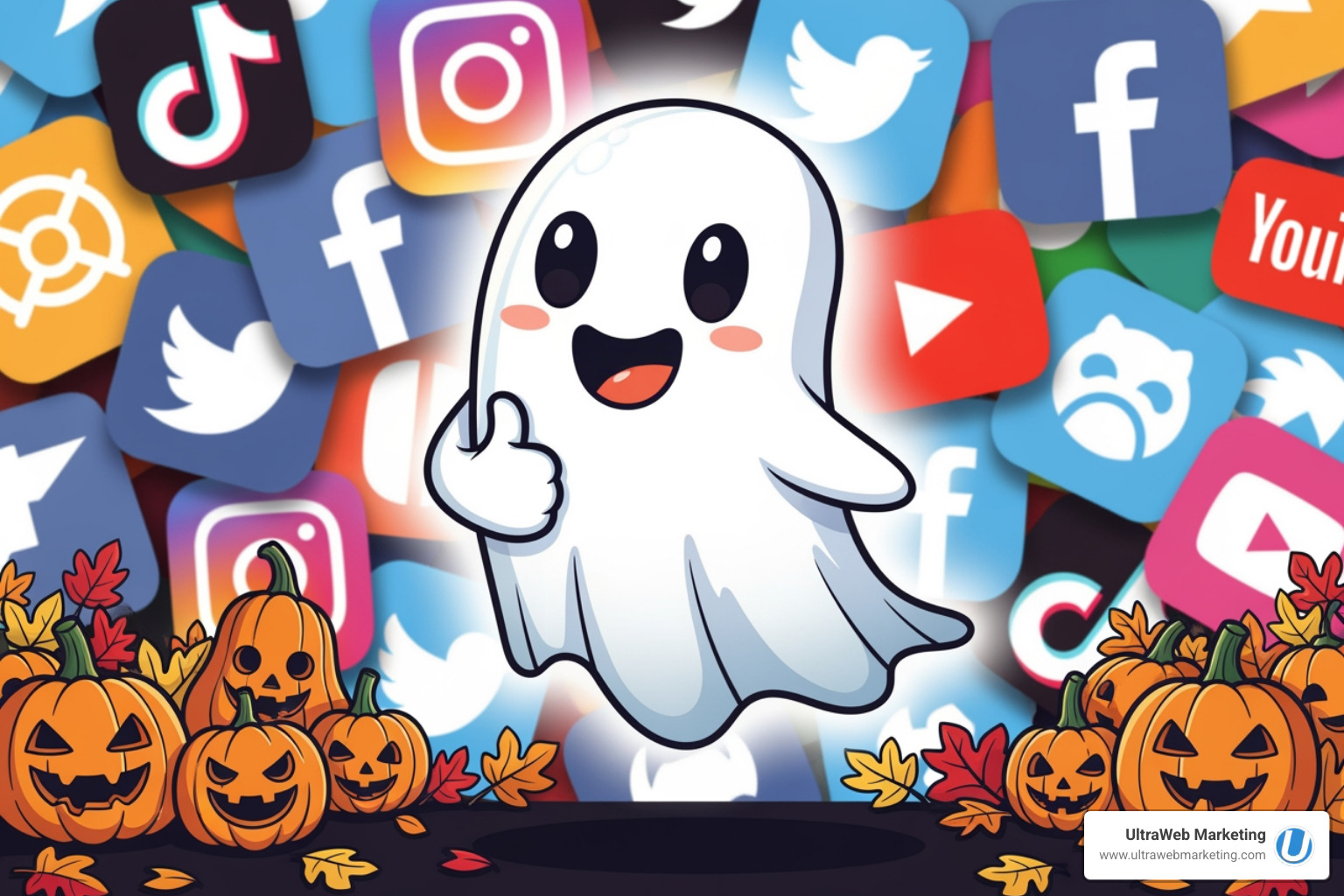 A friendly ghost giving a thumbs up in front of a social media icon collage, with pumpkins and autumn leaves - boca raton social media marketing agency
