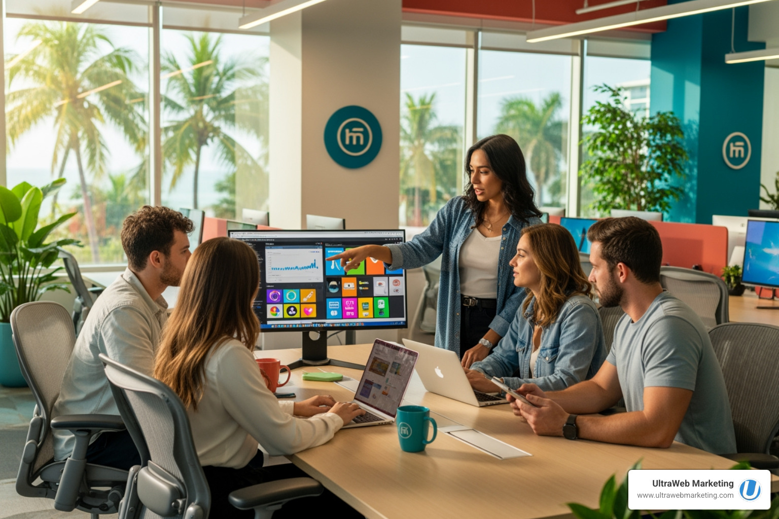 A smiling pumpkin with a witch hat, holding a thought bubble with a map of Boca Raton, showing local market insights - boca raton social media marketing agency