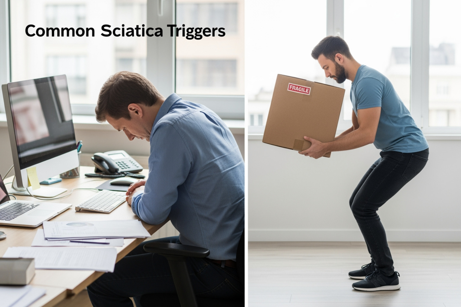 image showing common triggers like poor sitting posture and improper lifting - sciatica flare up image showing common triggers like poor sitting posture and improper lifting - sciatica flare up