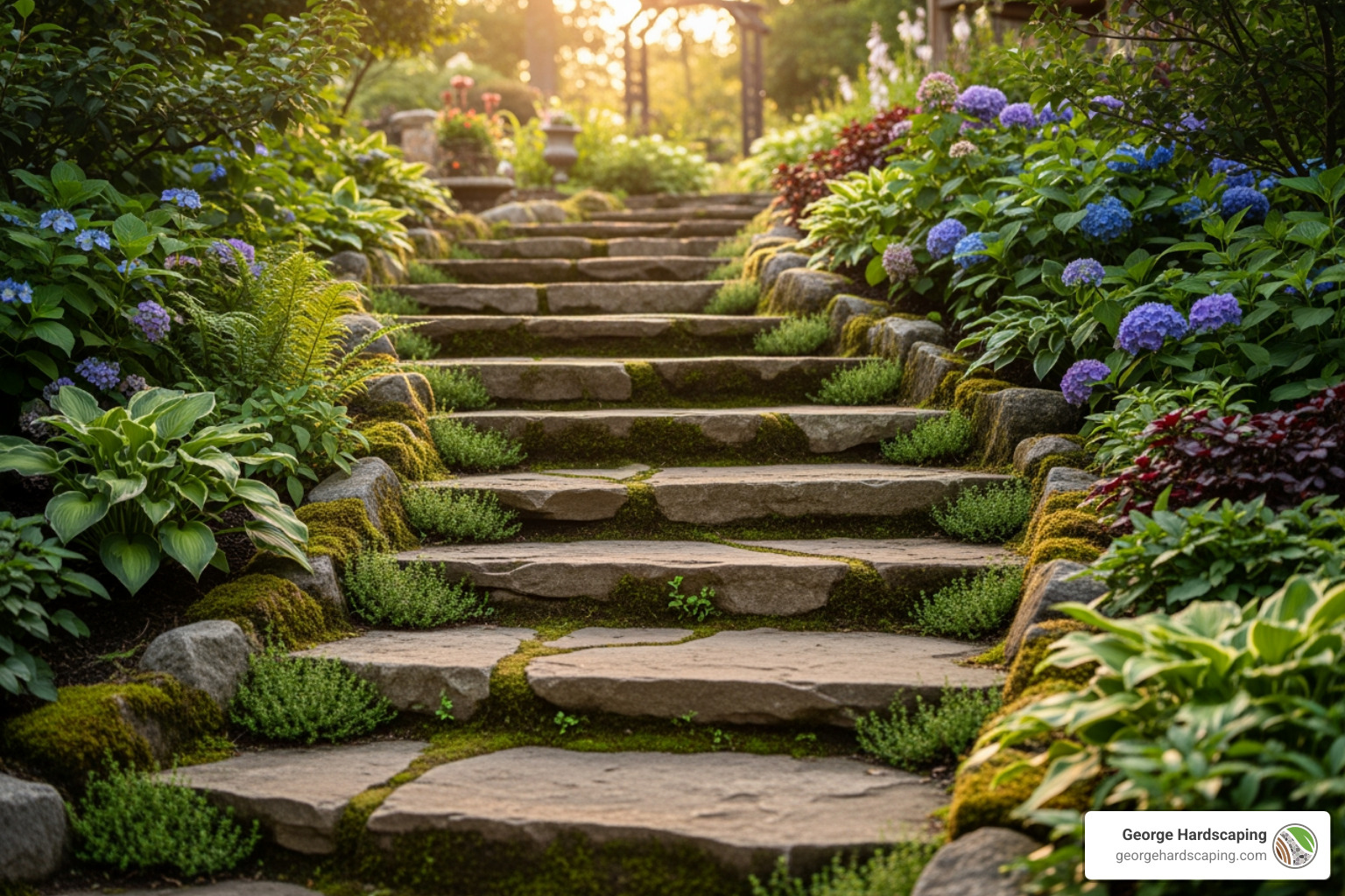 Curved fieldstone steps bordered by colorful flowers on a landscaped slope - Stone steps design ideas