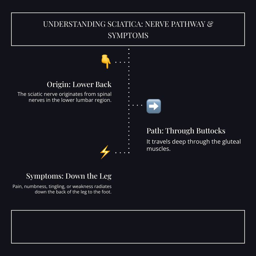 infographic showing the sciatic nerve pathway from lower back through buttocks down to feet, with common pain points highlighted in red and key symptoms listed: shooting pain, numbness, tingling, and muscle weakness affecting one side of the body - sciatica nerve pain infographic infographic-line-3-steps-dark infographic showing the sciatic nerve pathway from lower back through buttocks down to feet, with common pain points highlighted in red and key symptoms listed: shooting pain, numbness, tingling, and muscle weakness affecting one side of the body - sciatica nerve pain infographic infographic-line-3-steps-dark