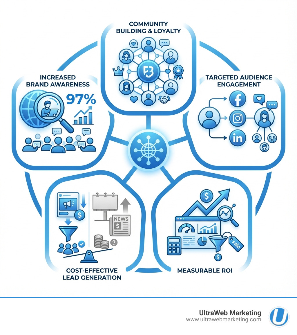 Infographic showing core benefits of social media marketing: increased brand awareness with 97% of consumers researching online, targeted audience engagement across Facebook Instagram and LinkedIn, measurable ROI through analytics and conversion tracking, cost-effective lead generation compared to traditional advertising, and community building that creates loyal customers - boca raton social media marketing agency infographic 