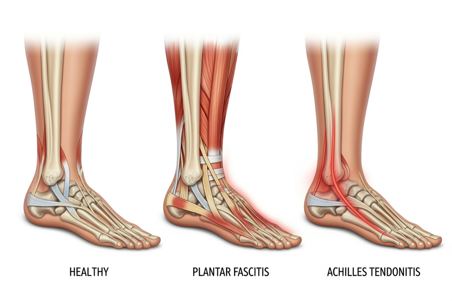 diagram comparing a healthy foot to one with plantar fasciitis and Achilles tendon discomfort - What causes heel pain?