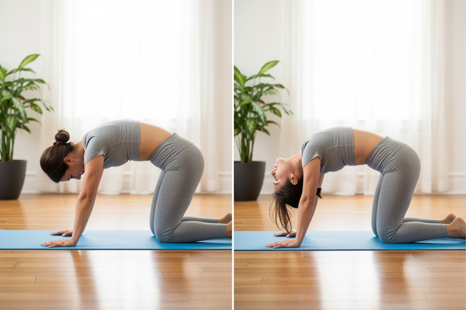 person performing a gentle cat-cow stretch on a yoga mat - back pain relief