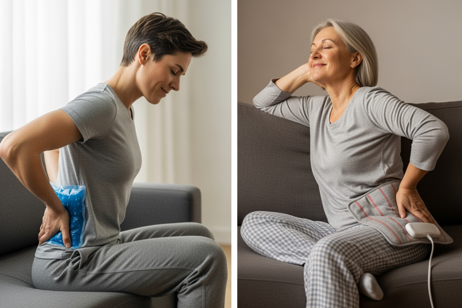 person applying cold pack to lower back and another person using a heating pad - back pain relief