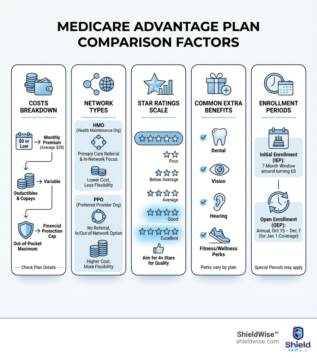 infographic showing comparison factors for medicare advantage plans including costs breakdown, network types, star ratings scale, common extra benefits, and enrollment periods - compare medicare advantage plans infographic 