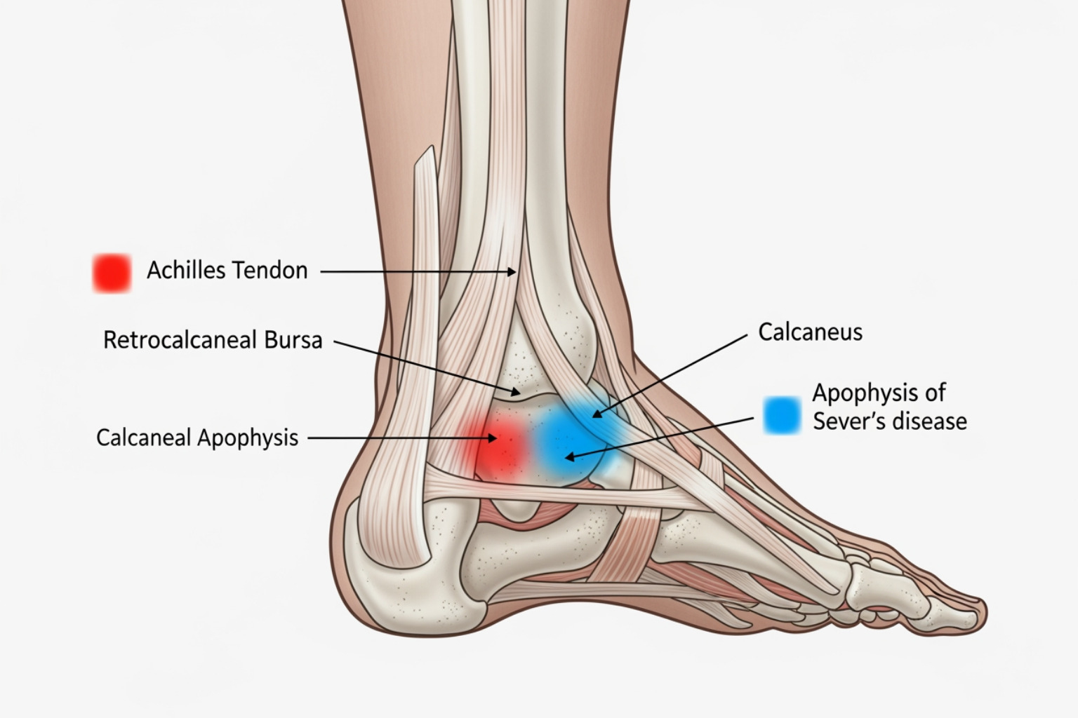 illustration showing locations of pain for bursitis and Sever's disease - What causes heel pain?