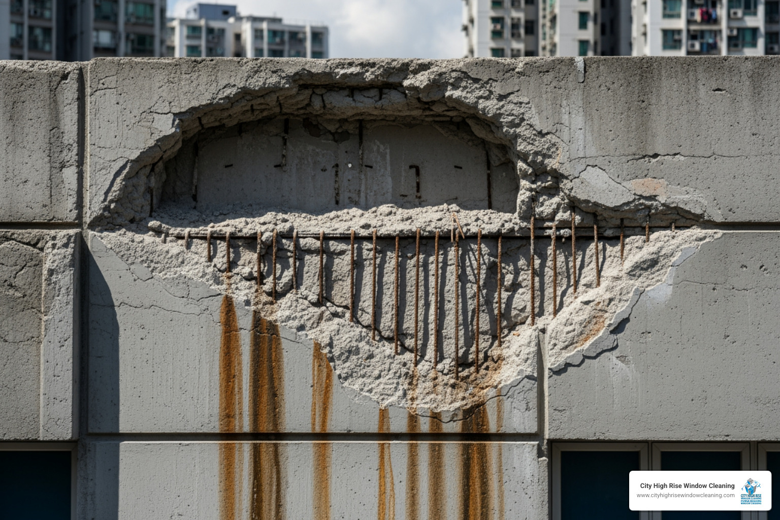 Spalling concrete on a high-rise building facade - exterior restoration NYC Spalling concrete on a high-rise building facade - exterior restoration NYC