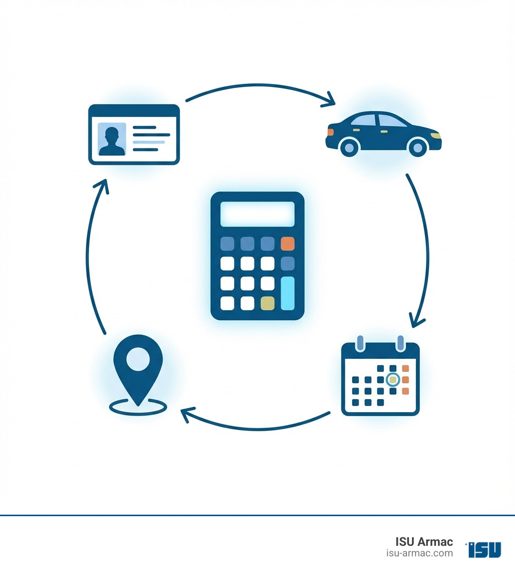 Infographic showing a calculator surrounded by icons for driver’s license, car, map pin, and calendar. Alt text: "Factors affecting online car insurance rates." - get car insurance online today infographic 