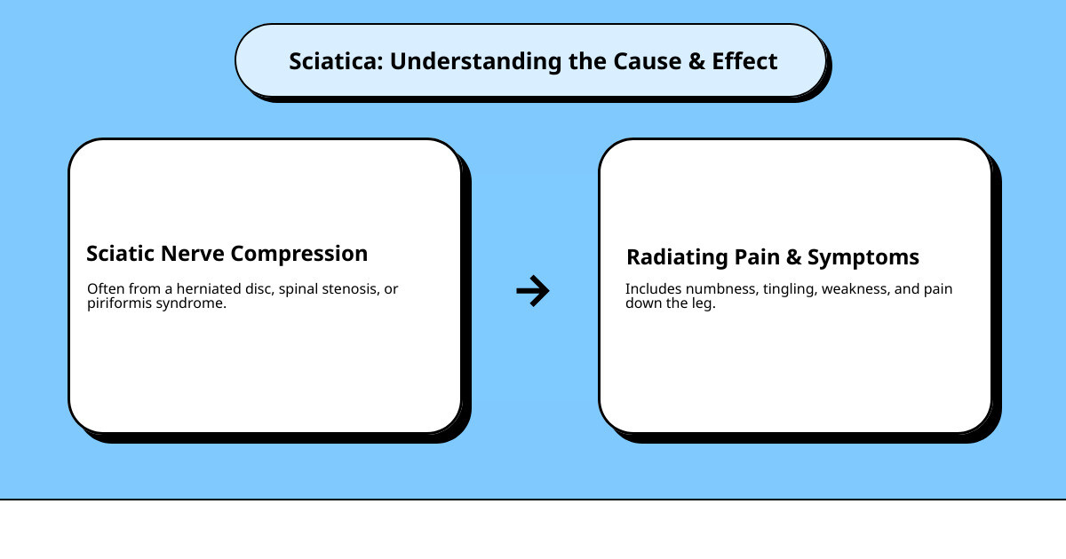 Infographic showing the sciatic nerve path from the lumbar spine through the buttocks and down the back of the leg, with labeled compression points including herniated disc in the lower spine, piriformis muscle in the hip, and spinal stenosis narrowing - what helps sciatica infographic cause_effect_text