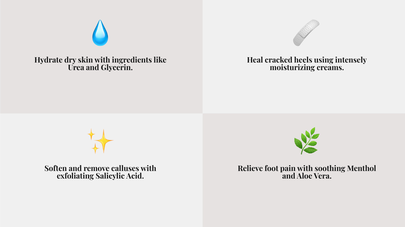 Infographic showing common foot problems (dry skin, cracked heels, calluses, foot pain) with arrows pointing to key cream ingredients (urea for moisture, salicylic acid for exfoliation, menthol for pain relief, aloe for soothing) and their benefits - cream for the feet infographic 4_facts_emoji_grey Infographic showing common foot problems (dry skin, cracked heels, calluses, foot pain) with arrows pointing to key cream ingredients (urea for moisture, salicylic acid for exfoliation, menthol for pain relief, aloe for soothing) and their benefits - cream for the feet infographic 4_facts_emoji_grey