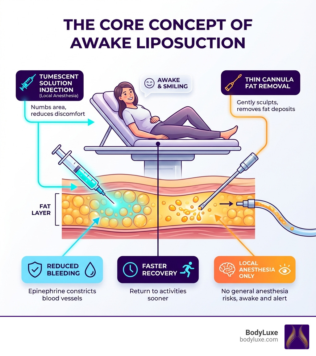 infographic showing the core concept of awake liposuction: a patient lying comfortably on a surgical table, awake and smiling, with a labeled diagram of tumescent solution being injected into a fat layer, a thin cannula removing fat, and callouts for local anesthesia, reduced bleeding, and faster recovery - what is awake liposuction infographic infographic showing the core concept of awake liposuction: a patient lying comfortably on a surgical table, awake and smiling, with a labeled diagram of tumescent solution being injected into a fat layer, a thin cannula removing fat, and callouts for local anesthesia, reduced bleeding, and faster recovery - what is awake liposuction infographic