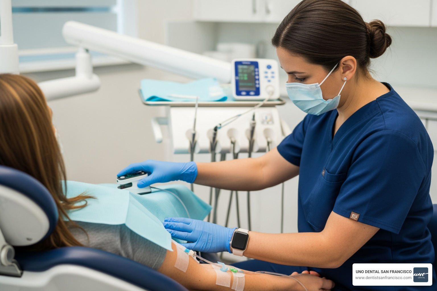 dental professional monitoring a patient with an IV line - sedation for tooth removal dental professional monitoring a patient with an IV line - sedation for tooth removal