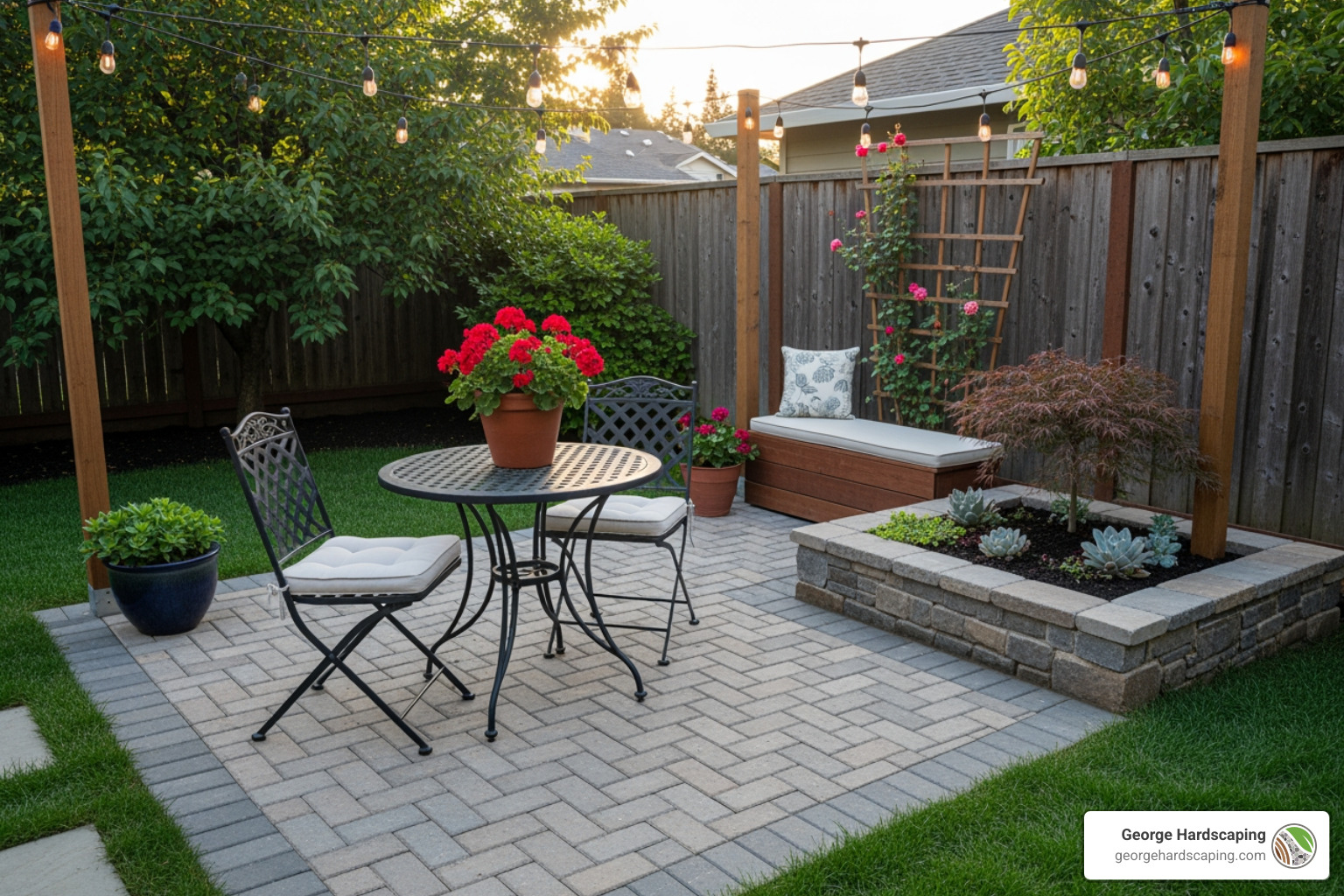 Step-by-step view of small patio installation, highlighting the gravel base, sand layer, and paver placement. - Small patio installation