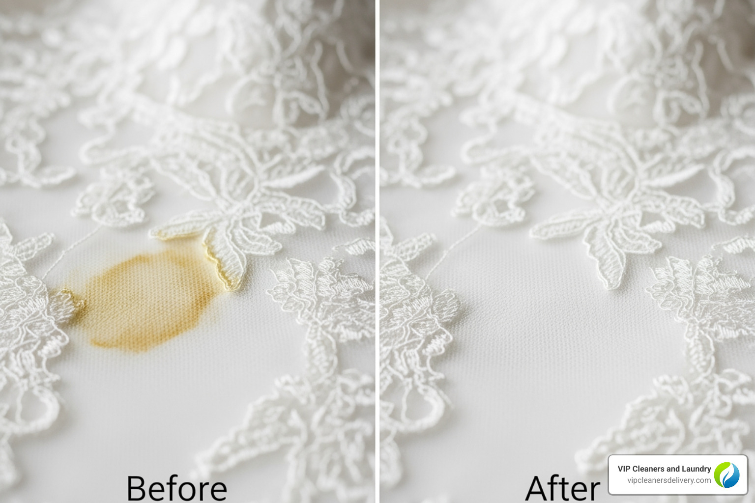 Before and after a delicate wedding dress fabric stain removal - wedding dress cleaning San Diego