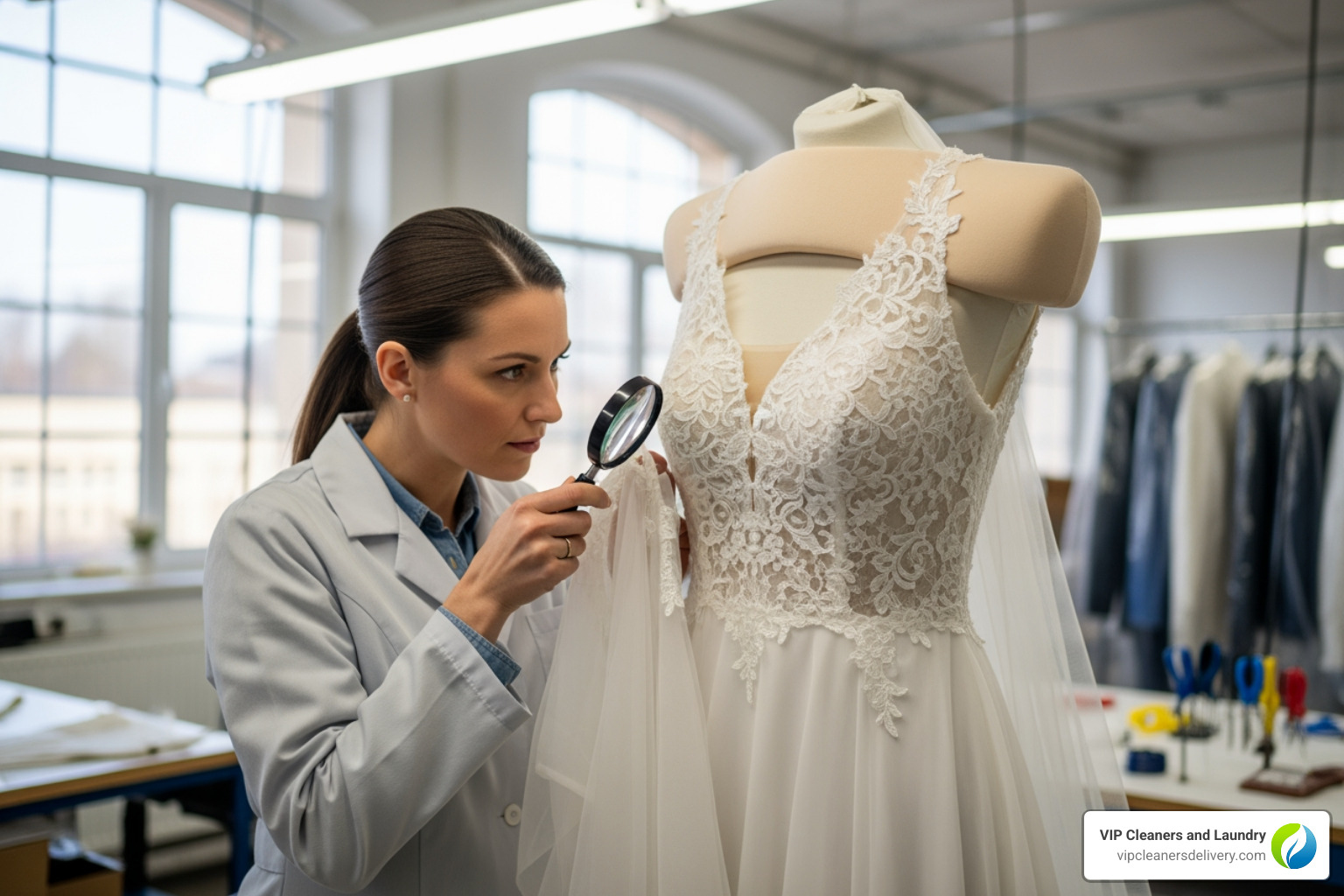 Professional garment expert inspecting a wedding dress with a magnifying glass - wedding dress cleaning San Diego