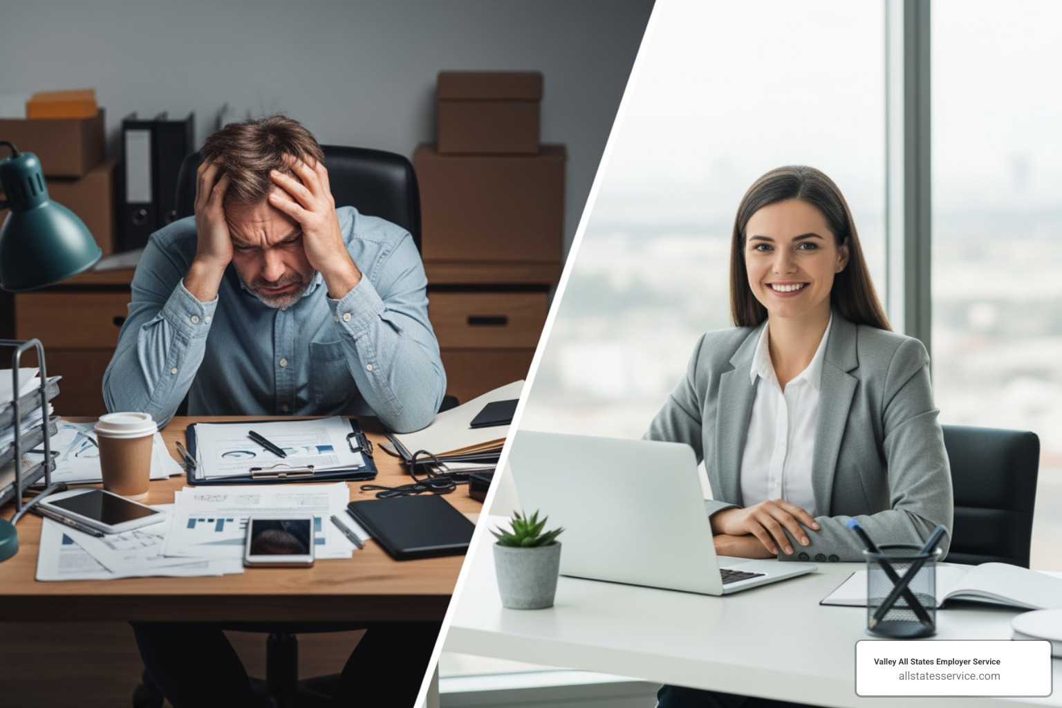 stressed business owner vs relaxed business owner - e verify employer agent vs e verify employer