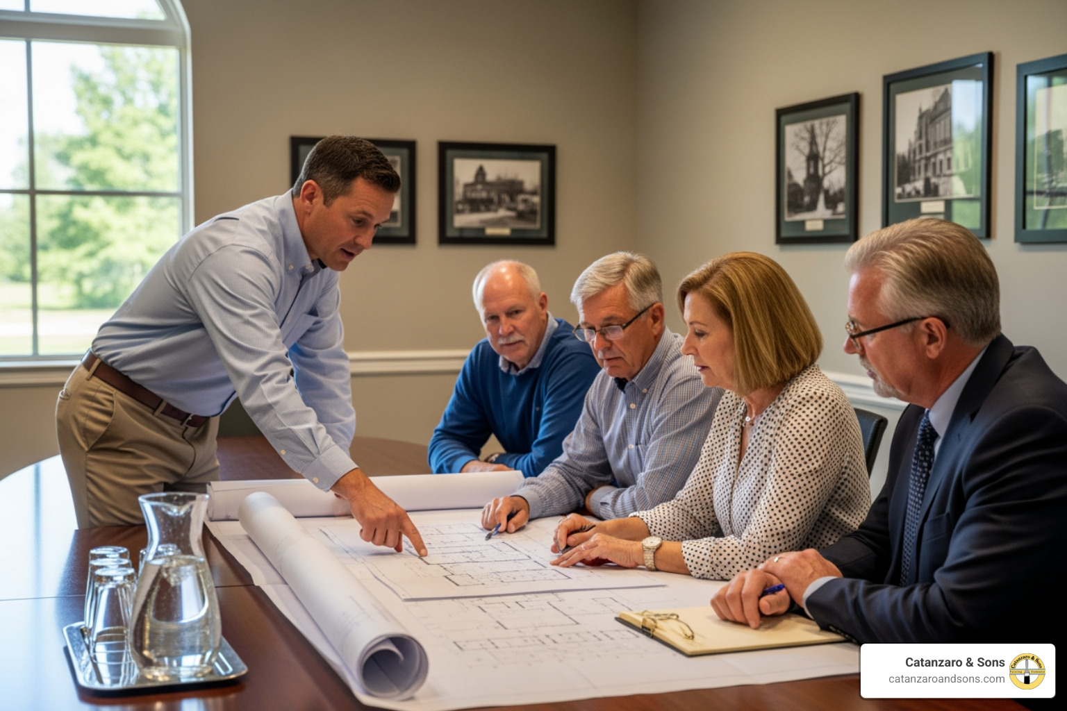 Contractor reviewing blueprints with a church committee member - church painting contractor Contractor reviewing blueprints with a church committee member - church painting contractor