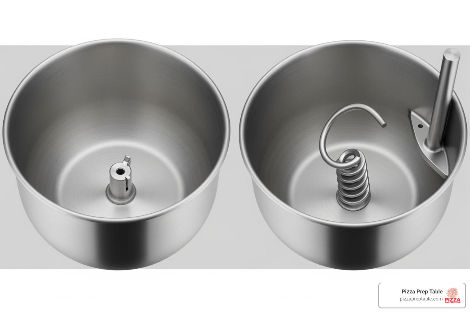 side-by-side comparison of a planetary mixer bowl and a spiral mixer bowl - Reduce mixing time side-by-side comparison of a planetary mixer bowl and a spiral mixer bowl - Reduce mixing time