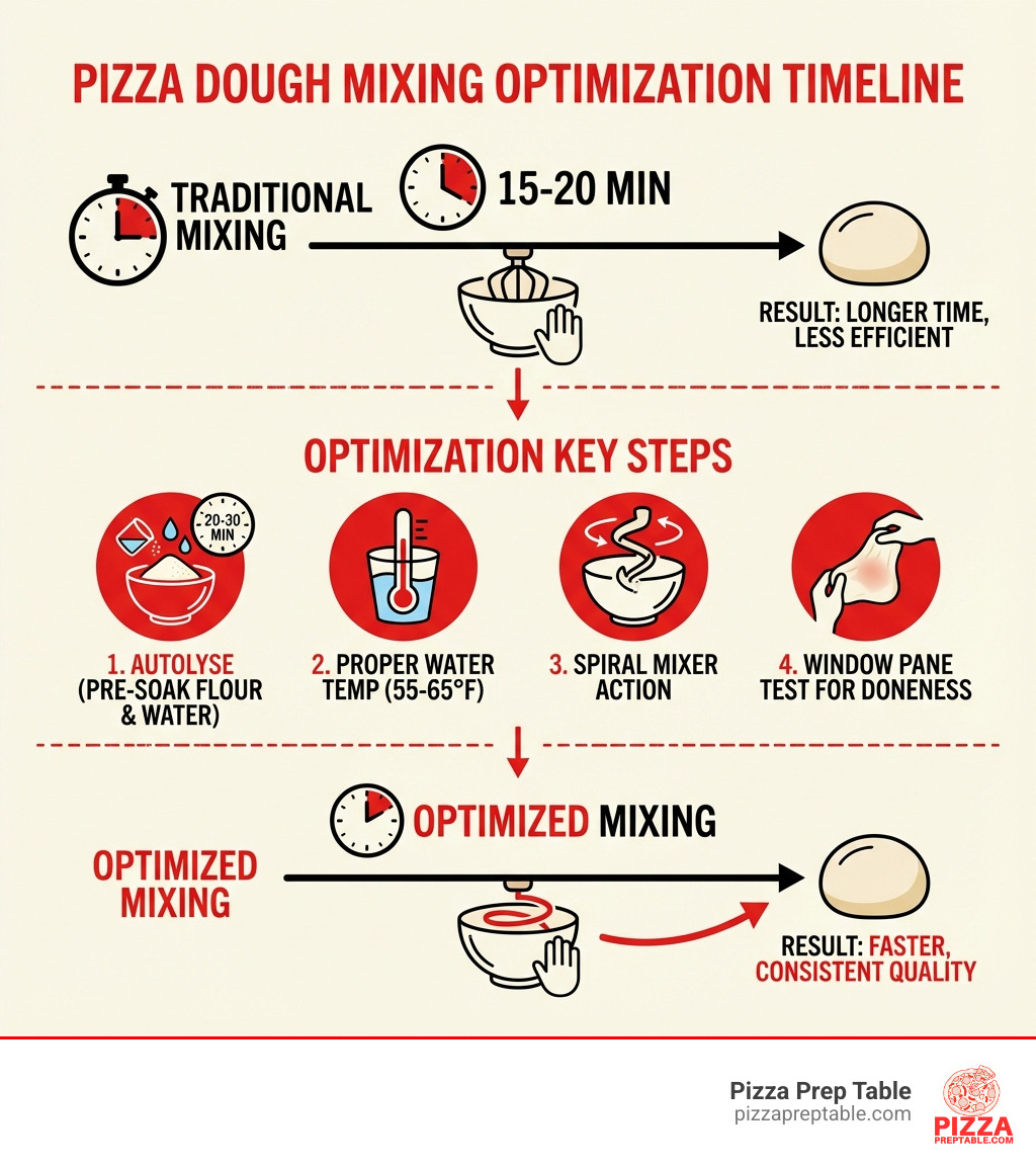 infographic showing pizza dough mixing optimization timeline comparing traditional mixing 15-20 minutes versus optimized mixing 7-10 minutes with key steps autolyse 20-30 minutes proper water temperature 55-65 degrees fahrenheit spiral mixer action and window pane test for doneness - Reduce mixing time infographic infographic showing pizza dough mixing optimization timeline comparing traditional mixing 15-20 minutes versus optimized mixing 7-10 minutes with key steps autolyse 20-30 minutes proper water temperature 55-65 degrees fahrenheit spiral mixer action and window pane test for doneness - Reduce mixing time infographic