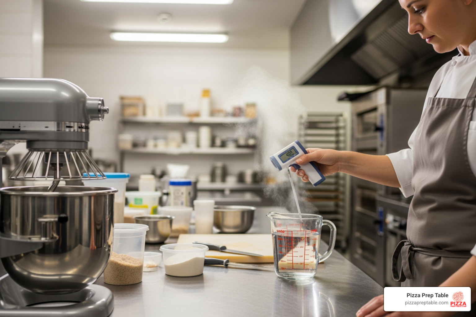 a baker checking the temperature of water before adding it to a mixer - Reduce mixing time a baker checking the temperature of water before adding it to a mixer - Reduce mixing time
