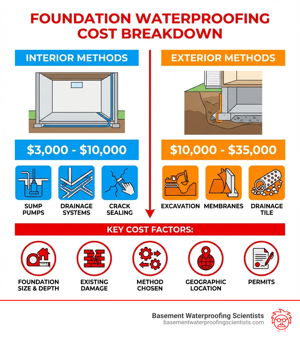 Infographic showing foundation waterproofing cost breakdown: Interior methods ($3,000-$10,000) include sump pumps, drainage systems, and crack sealing; Exterior methods ($10,000-$35,000) include excavation, membranes, and drainage tile. Key cost factors: foundation size and depth, existing damage, method chosen, geographic location, and permits. - cost to waterproof foundation infographic 