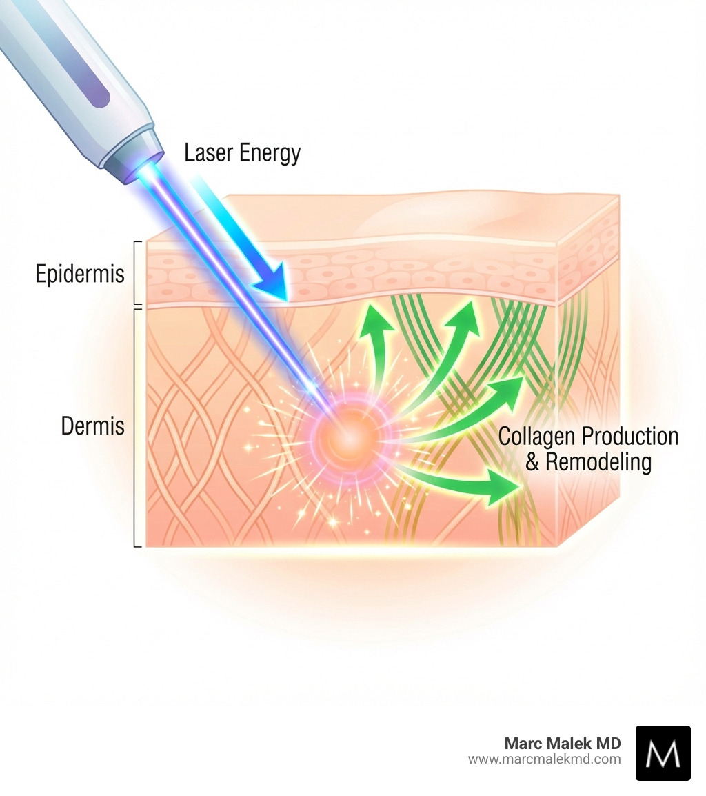 Infographic showing how laser energy penetrates through the epidermis into the dermis layer, where it stimulates collagen fiber production and tissue remodeling, with arrows indicating the laser beam path and collagen growth response - laser skin resurfacing infographic Infographic showing how laser energy penetrates through the epidermis into the dermis layer, where it stimulates collagen fiber production and tissue remodeling, with arrows indicating the laser beam path and collagen growth response - laser skin resurfacing infographic