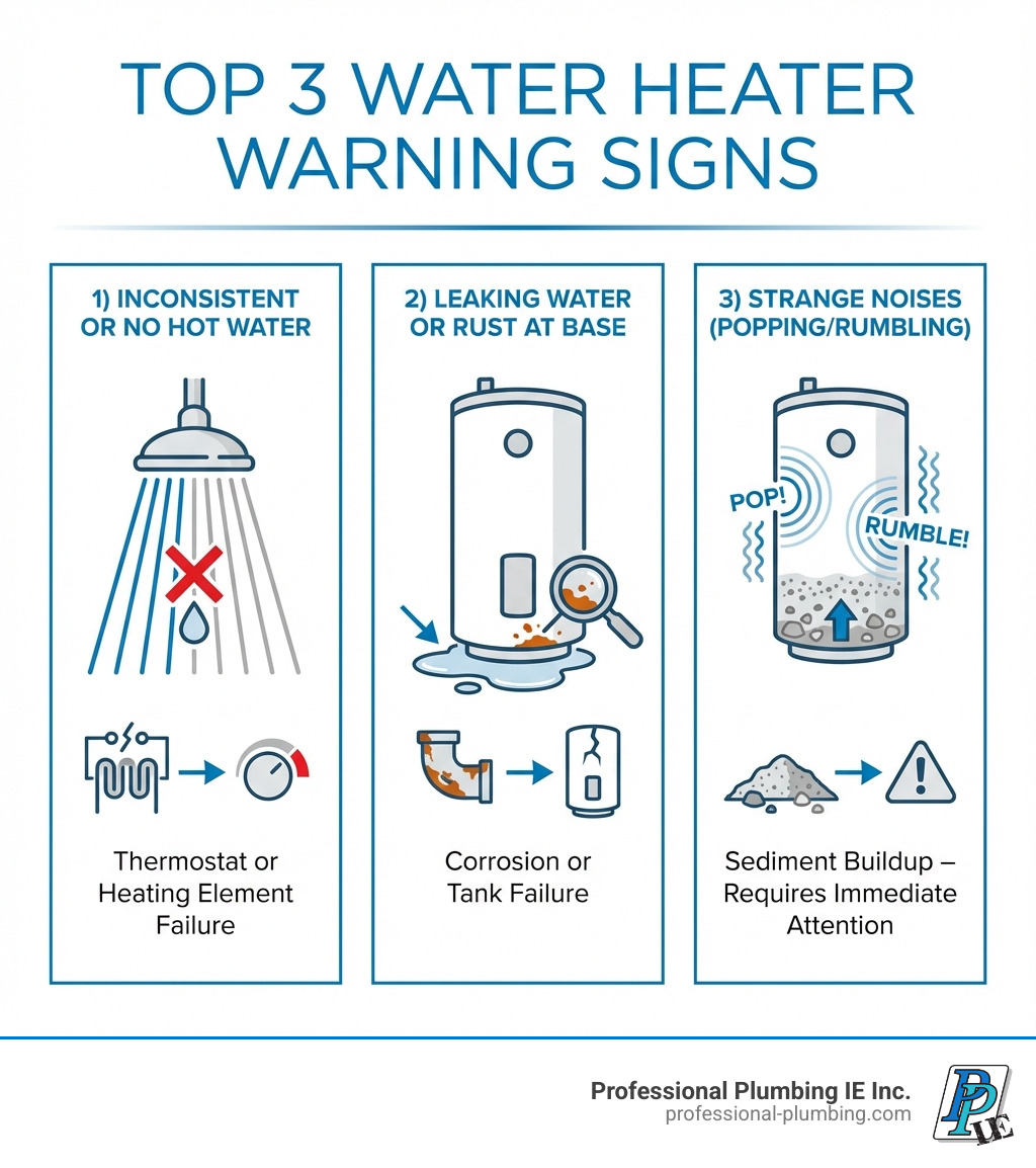 Infographic showing the top 3 warning signs your water heater is failing: 1) Inconsistent or no hot water indicating thermostat or heating element failure, 2) Leaking water or rust around the tank base signaling corrosion or tank failure, 3) Strange noises like popping or rumbling caused by sediment buildup requiring immediate attention - water heater services infographic Infographic showing the top 3 warning signs your water heater is failing: 1) Inconsistent or no hot water indicating thermostat or heating element failure, 2) Leaking water or rust around the tank base signaling corrosion or tank failure, 3) Strange noises like popping or rumbling caused by sediment buildup requiring immediate attention - water heater services infographic